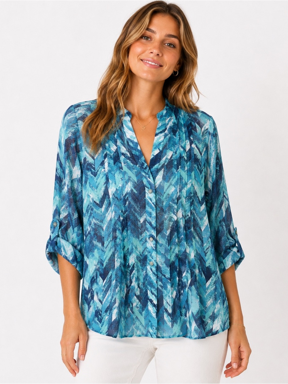 Ruby Rd. Petite PM Blue Teal Abstract Print Roll Tab Sleeve Blouse